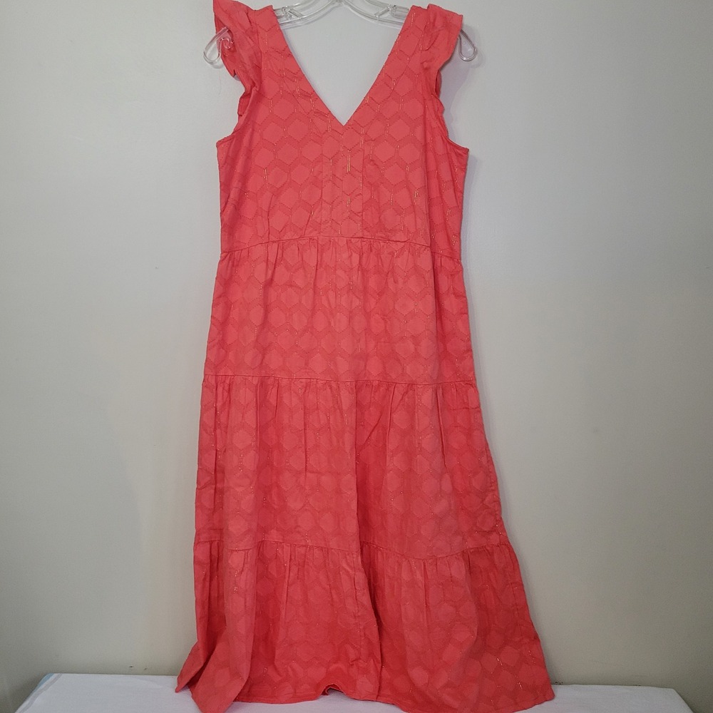 Loft Ruffled Sleeve V-Neck‎ Square Embroidered Pattern Midi Dress Pinkish/Red